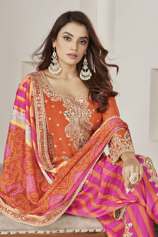 Function Special Orange Color Chinon Fabric Readymade Patiala Suit