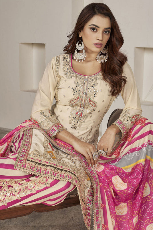 Elegant Beige Color Chinon Fabric Function Wear Readymade Patiala Suit