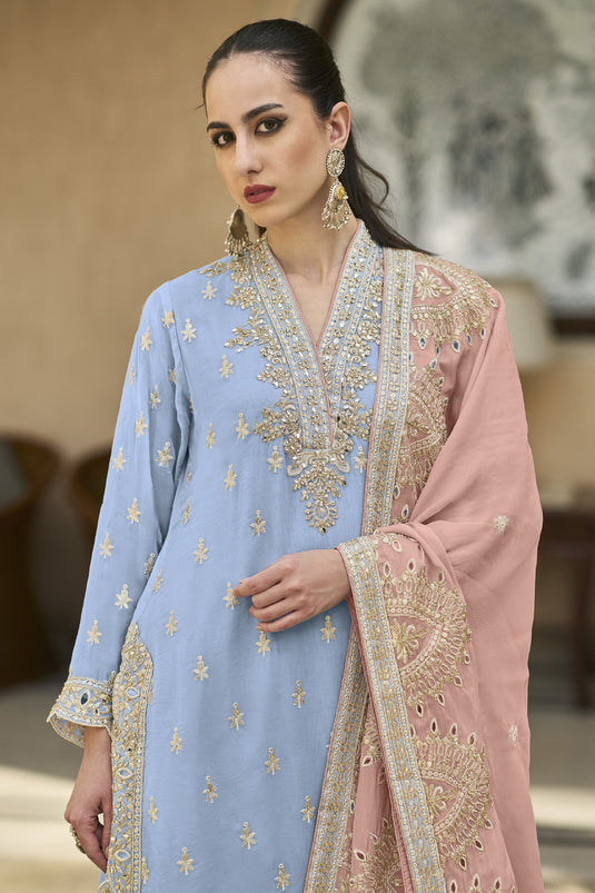 Blue Color Chiffon Fabric Tempting Readymade Palazzo Suit
