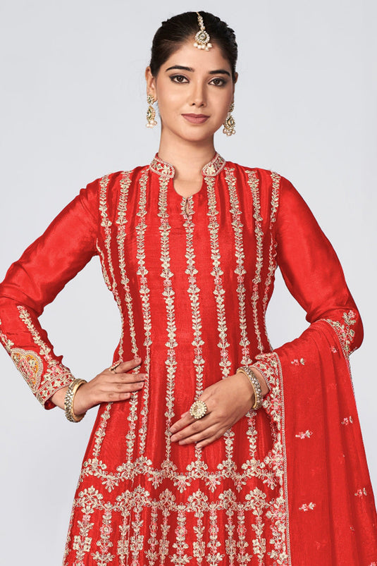 Function special Red Color Chinon Fabric Readymade Embroidered Palazzo Suit