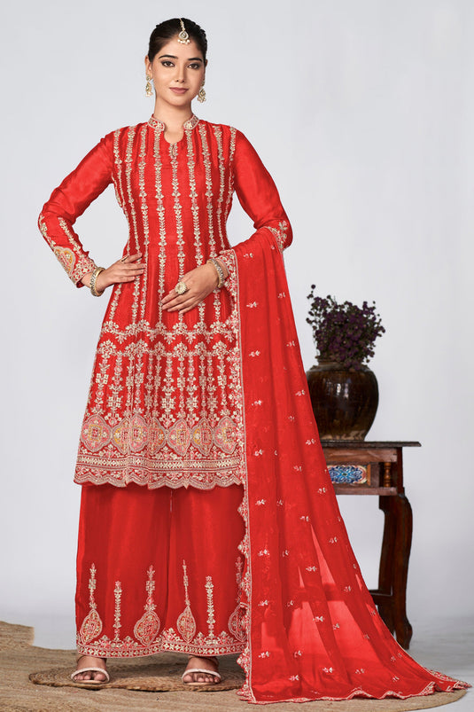 Function special Red Color Chinon Fabric Readymade Embroidered Palazzo Suit