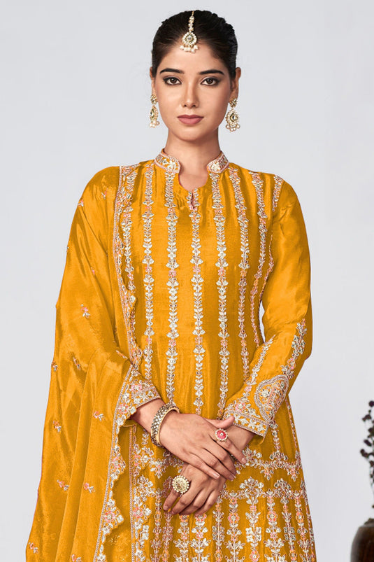 Yellow Color Chinon Fabric Readymade Embroidered Palazzo Suit For Function