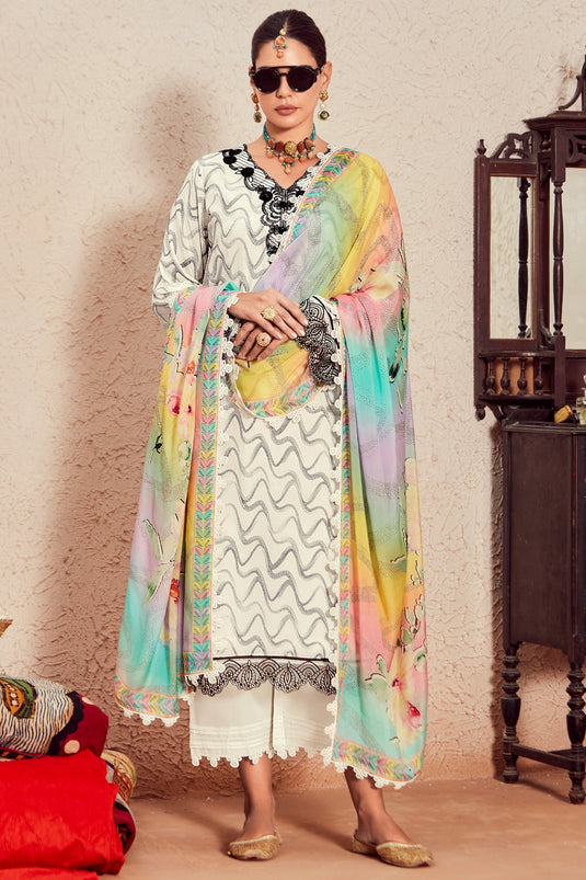 White Color Muslin Fabric Trendy Digital Printed Salwar Suit