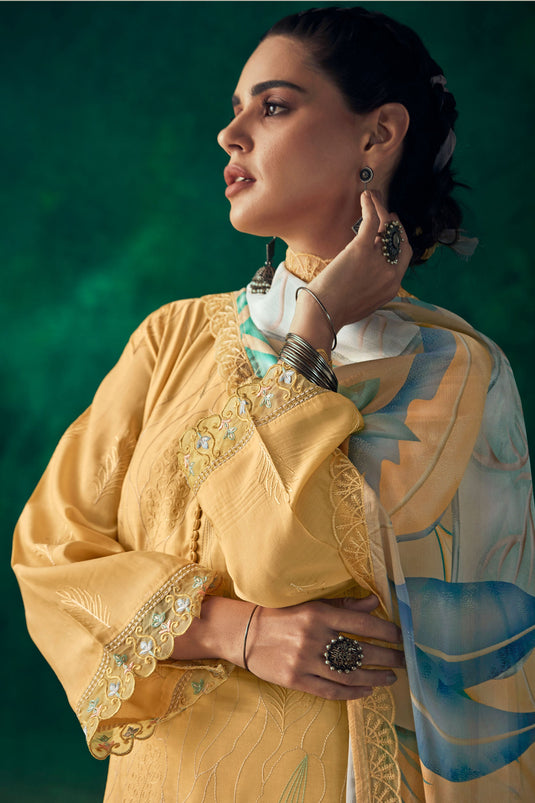 Incredible Muslin Fabric Yellow Color Function Wear Salwar Suit