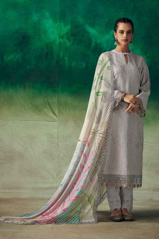 Engaging Grey Color Muslin Fabric Function Wear Salwar Suit