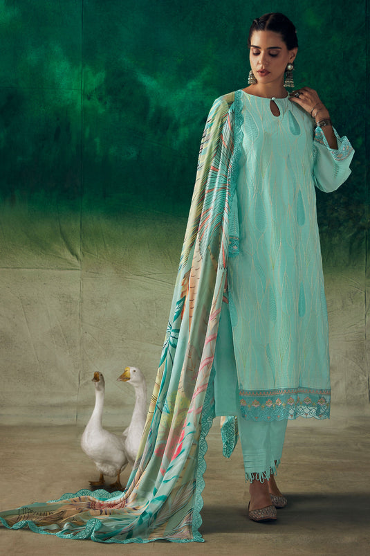 Muslin Fabric Cyan Color Function Wear Winsome Salwar Suit