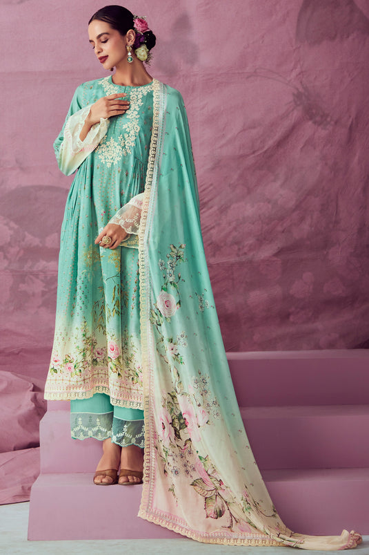 Glamorous Muslin Fabric Light Cyan Color Embroidered Salwar Suit