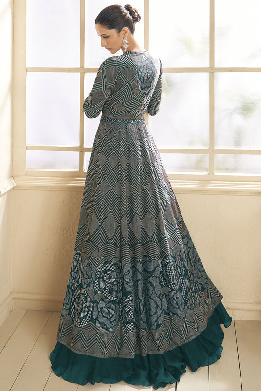 Diksha Singh Exclusive Teal Color Lehenga With Long Koti In Georgette Fabric