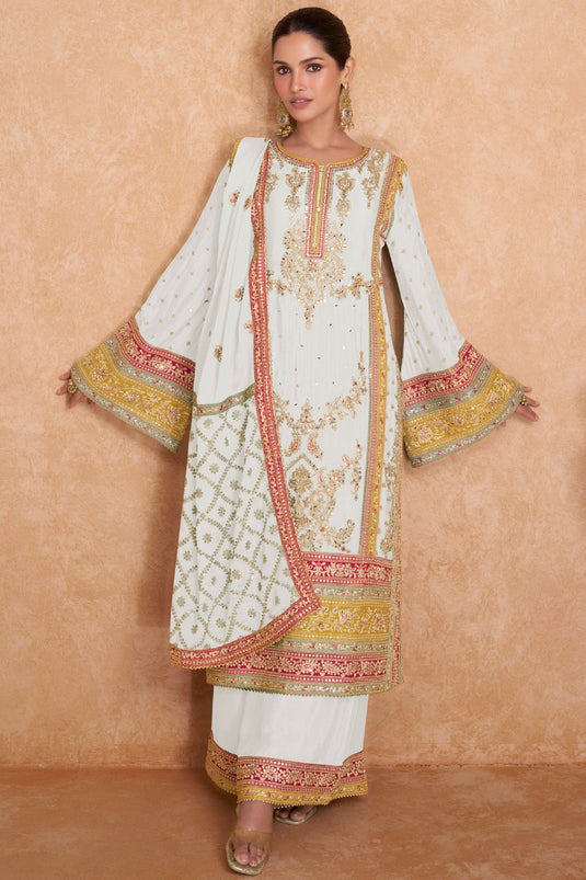 Chinon Fabric Embroidered Readymade Beautiful Palazzo Dress In White Color