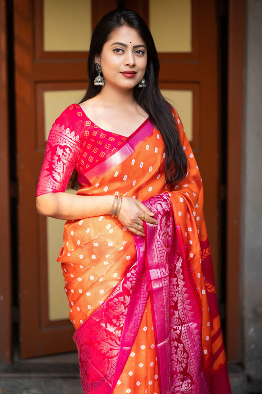Orange Color Glamorous Bandhani Style Printed Art Silk Saree