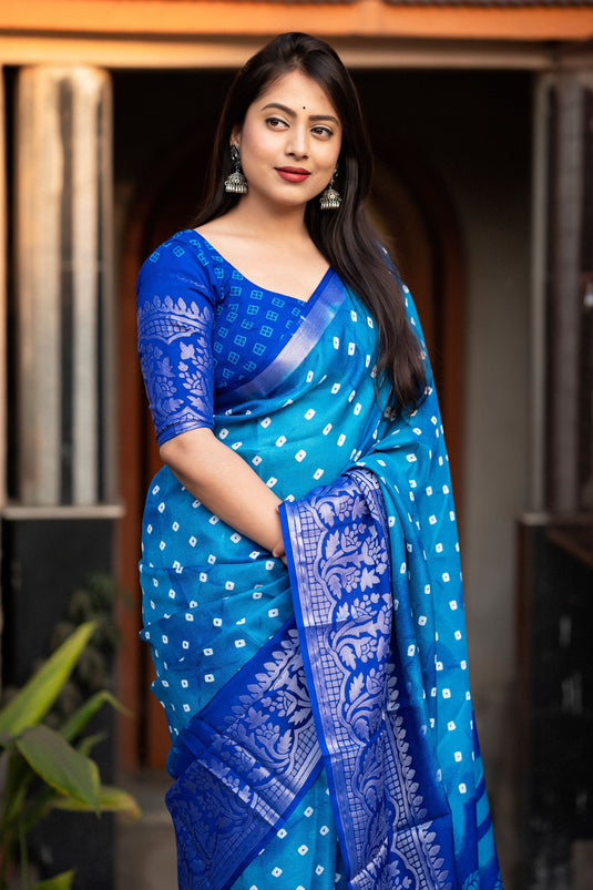 Attractive Bandhani Style Printed Art Silk Saree In Blue Color