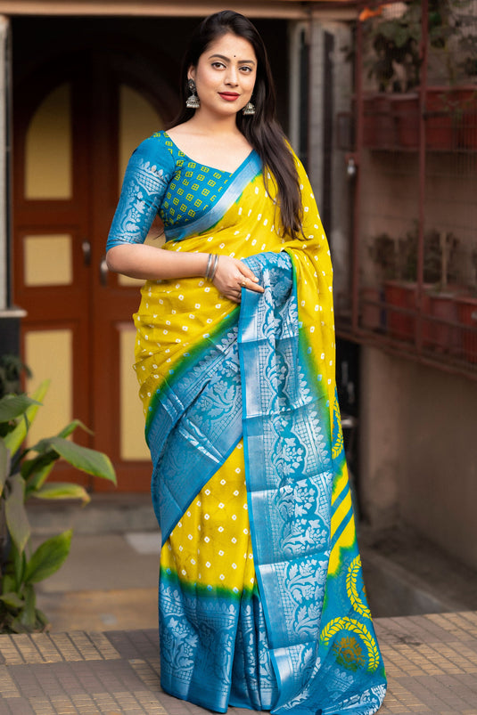 Yellow Color Graceful Bandhani Style Printed Art Silk Saree