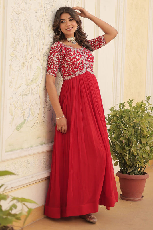 Georgette Fabric Function Wear Charismatic Readymade Gown In Red Color