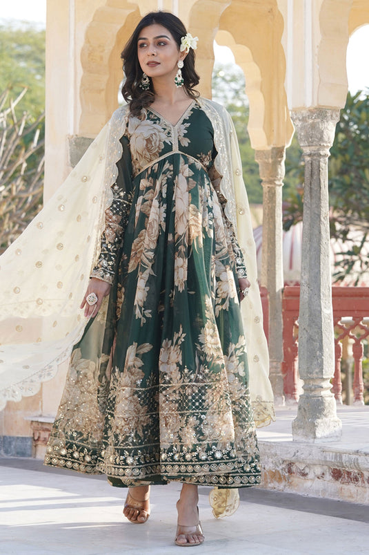 Function Wear Green Color Glorious Readymade Gown With Dupatta In Art Silk Fabric