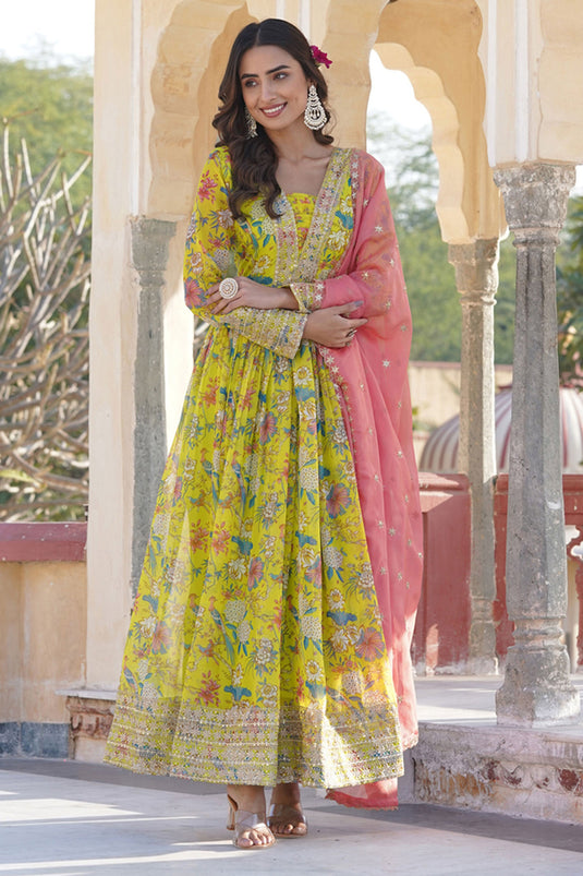 Art Silk Fabric Function Wear Luminous Readymade Gown With Dupatta In Yellow Color