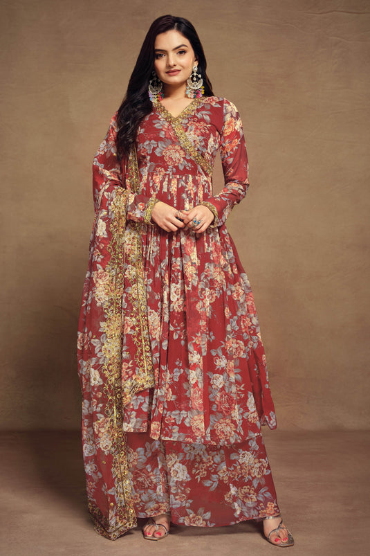Excellent Chiffon Fabric Maroon Color Readymade Salwar Suit With Printed Work