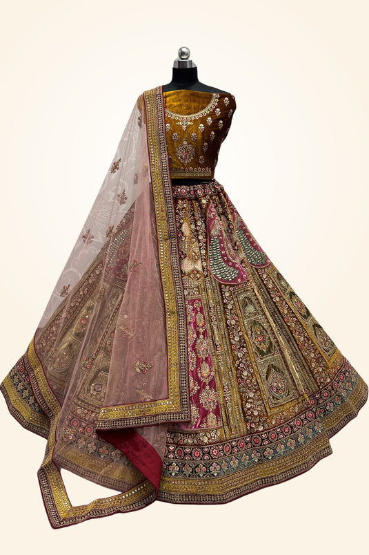 Golden Color Velvet Fabric Embroidered Bridal Wear Lehenga Choli