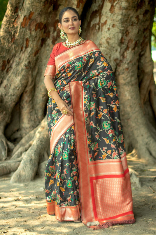 Banarasi Silk Black Weaving Work Reach Festive Wear Saree