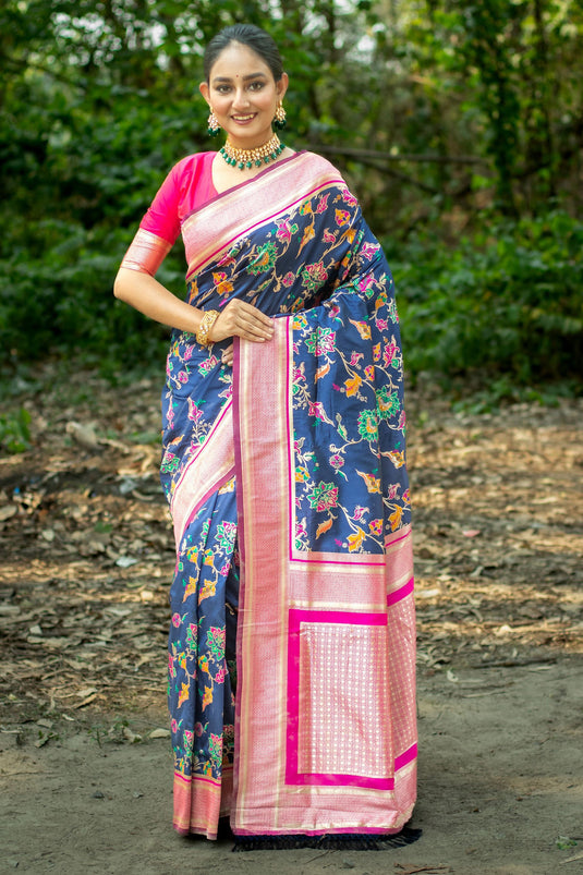 Navy Blue Banarasi Silk Festive Wear Weaving Work Reach Saree