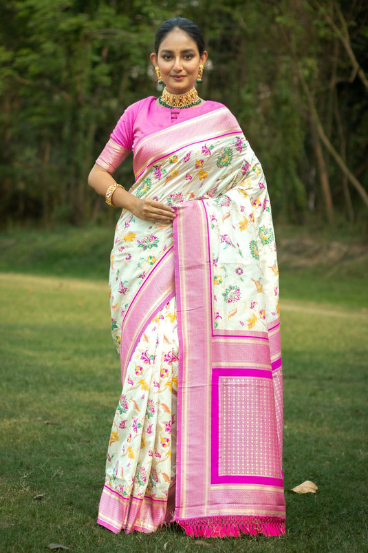 Off White Color Weaving Work Reach Designer Banarasi Silk Saree