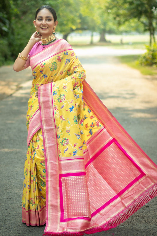 Banarasi Silk Yellow Color Weaving Work Reach Saree