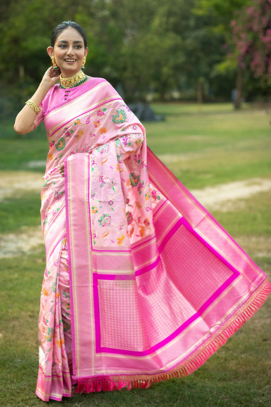 Pink Banarasi Silk Fancy Weaving Work Reach Saree