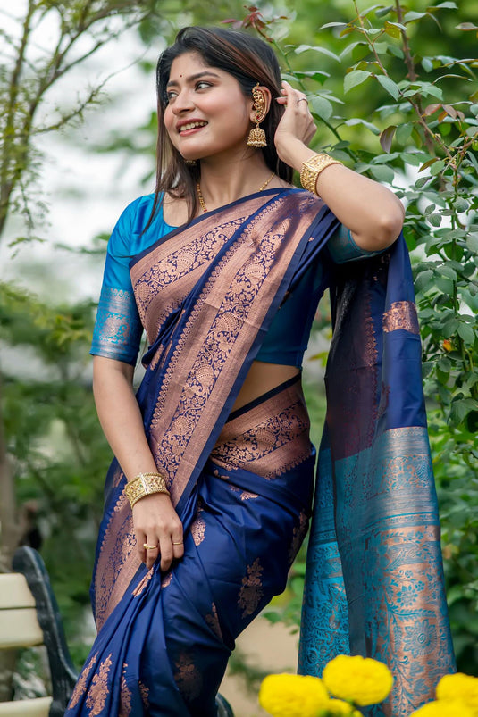 Navy Blue Color Tussar Silk Zari Weaving Rich Pallu Saree