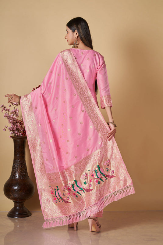 Pink Color Banarasi Silk Fabric Weaving Work Festive Wear Fashionable Salwar Kameez