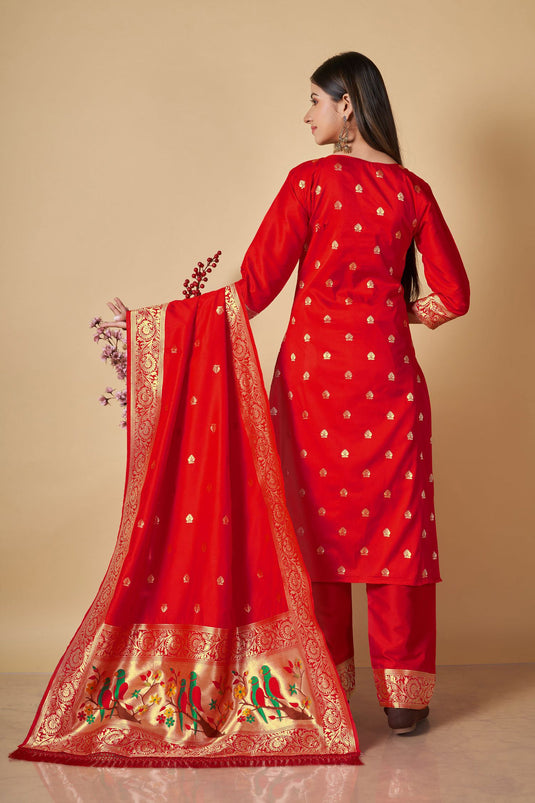 Red Color Banarasi Silk Fabric Weaving Work Festive Wear Salwar Kameez