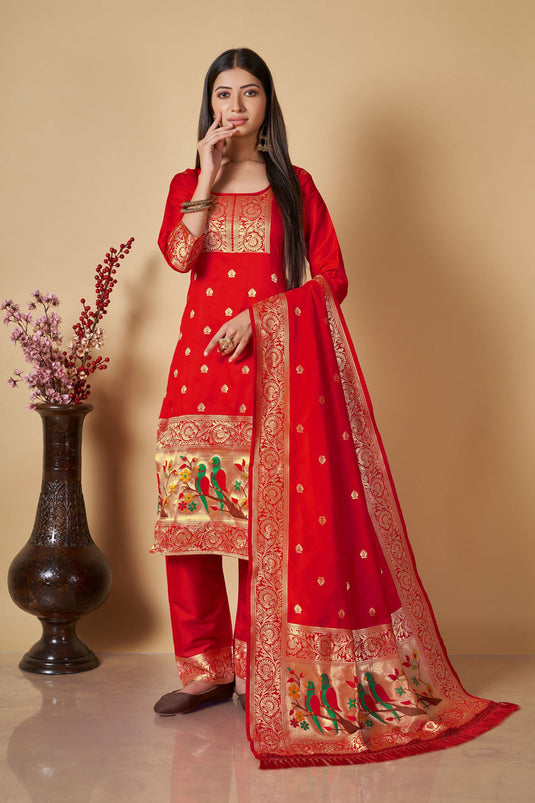 Red Color Banarasi Silk Fabric Weaving Work Festive Wear Salwar Kameez