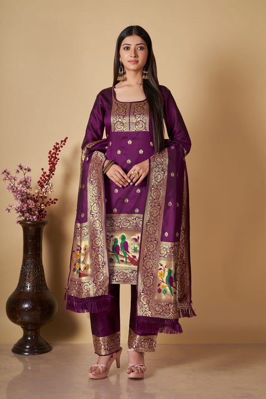 Banarasi Silk Fabric Weaving Work Festive Wear Salwar Suit In Purple Color