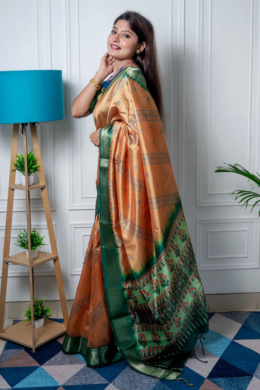 Peach Color Art Silk Fabric Fancy Bandhani Printed Saree