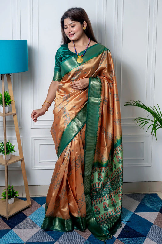 Peach Color Art Silk Fabric Fancy Bandhani Printed Saree