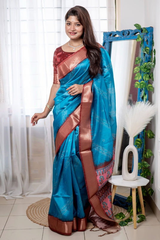 Cyan Color Exclusive Bandhani Printed Art Silk Fabric Sarees