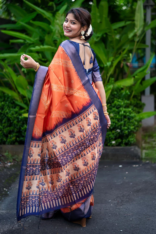 Orange Color Bandhani Printed Daily Wear Art Silk Fabric Saree
