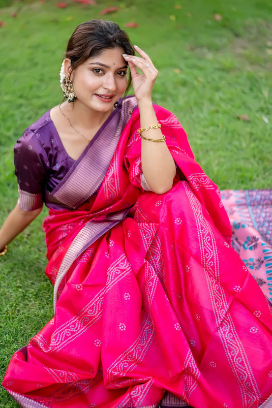 Attractive Rani Color Bandhani Printed Art Silk Fabric Simple Saree