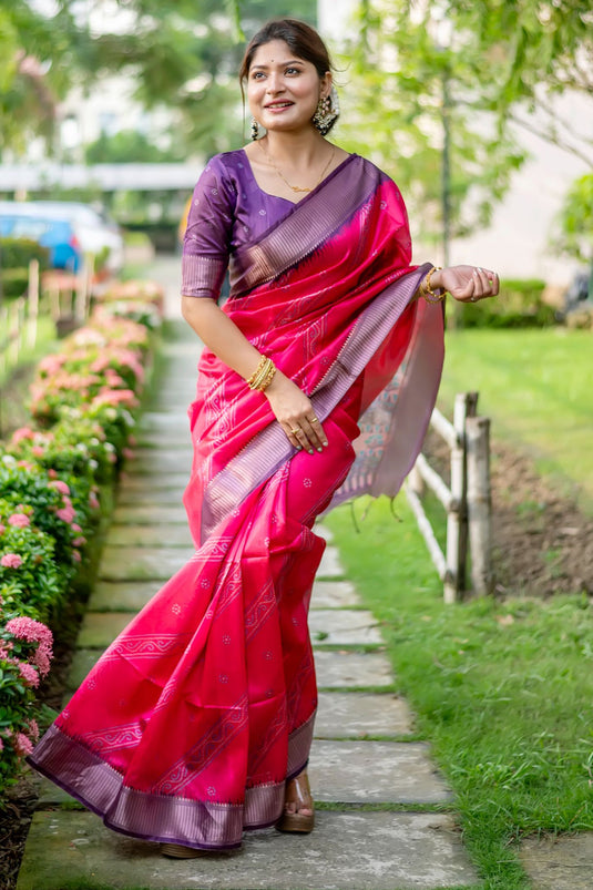 Attractive Rani Color Bandhani Printed Art Silk Fabric Simple Saree