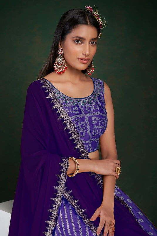 Chinon Fabric Purple Color Wedding Wear Printed Lehenga Choli
