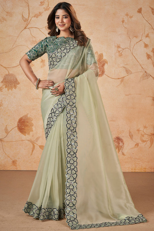 Wedding Wear Net And Georgette Fabric Sequins Work Sea Green Saree