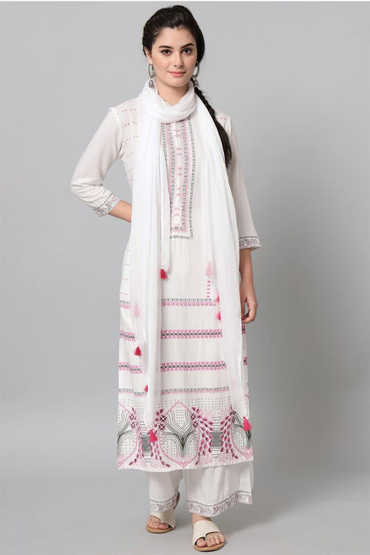 Rayon Fabric Chic Top Bottom Dupatta Set In White Color