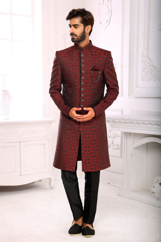 Graceful Maroon Color Brocade Fabric Indo Western For Men