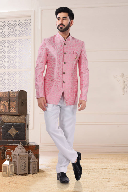 Jacquard Pink Magnificent Readymade Men Jodhpuri Style Indo Western For Wedding Wear