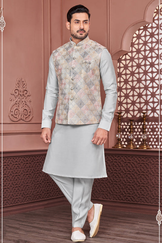 Fetching Grey Banarasi Silk Fabric Sangeet Wear Embroidery Work Readymade Kurta Pyjama For Men With Jacket