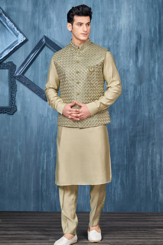 Embroidery Work Sea Green Color Gorgeous Banarasi Silk Wedding Wear Readymade Kurta Pyjama For Men With Jacket