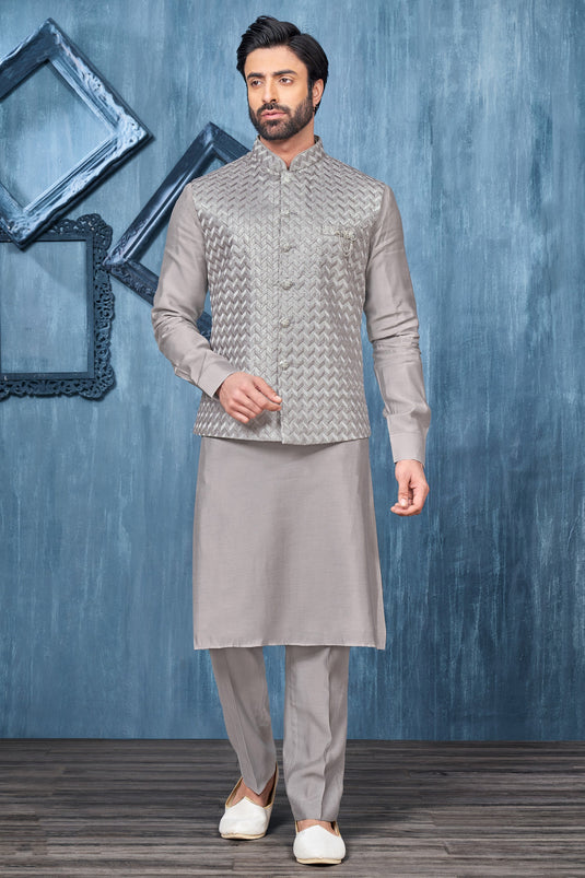 Grey Color Embroidery Work Banarasi Silk Fabric Reception Wear Striking Readymade Kurta Pyjama For Men With Jacket