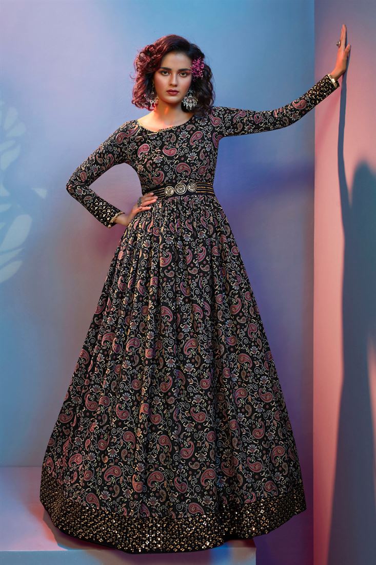 Party Wear Printed Work Black Color Fashionable Anarkali Long Gown In –  Sarees Bazaar