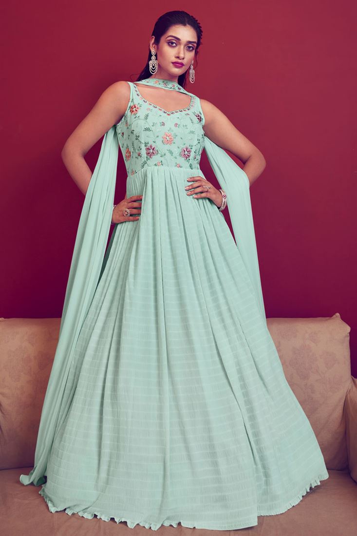 Light Cyan Color Sequins Work Gown With Dupatta In Georgette Fabric   Sarees Bazaar