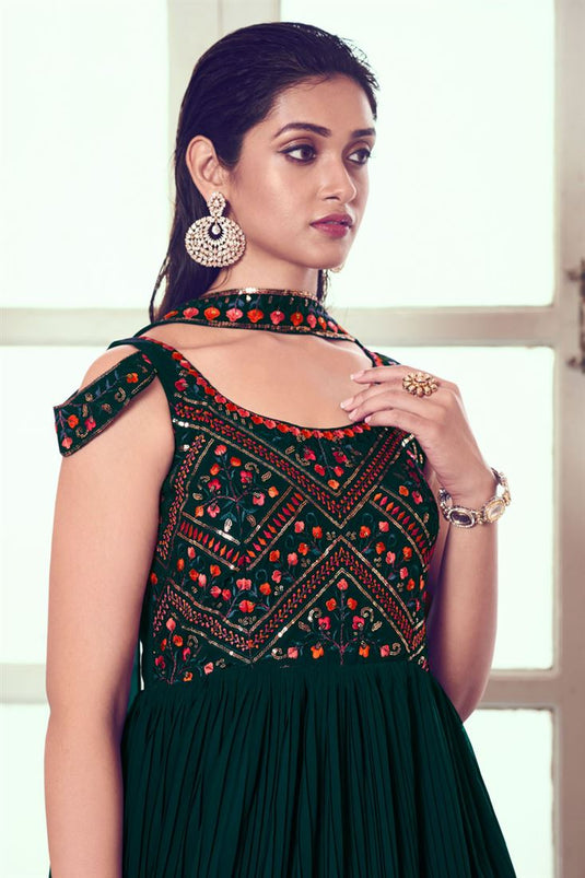 Georgette Fabric Sequins Work Dark Green Color Gown With Dupatta