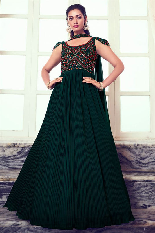 Georgette Fabric Sequins Work Dark Green Color Gown With Dupatta