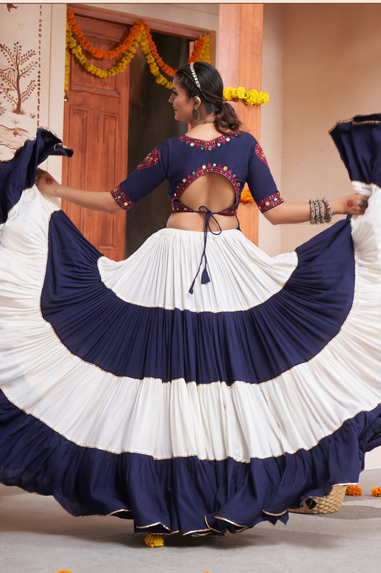 Navratri Special Awesome Rayon Fabric Embroidered Work Navy Blue And White Color Readymade Chaniya Choli